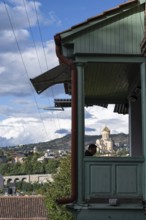 Tbilisi, Georgia. September 12th 2025 Traditional wooden balcony of a local Georgian house