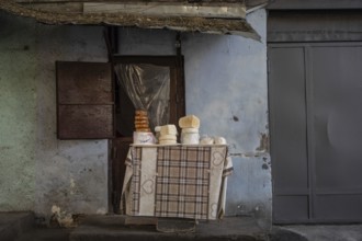 Small street stall shop selling local Georgian homemade cheese, Tbilisi, Georgia