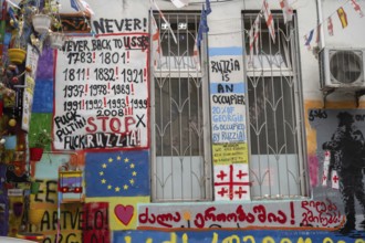 Tbilisi, Georgia. September 15th 2025. Anti-Russian and Pro European graffiti painted on a wall