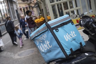Tbilisi, Georgia. September 15th 2025. A Wolt food delivery motorcycle parked in a Tbilisi City