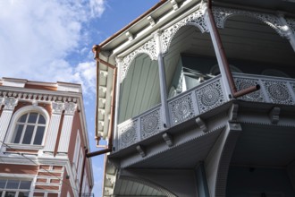 Tbilisi, Georgia. September 12th 2025. Traditional Georgian style wooden balconies of restored