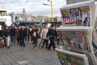 Istanbul, Turkey. January 8th 2025. Turkish daily news and sports papers displayed on a stand as