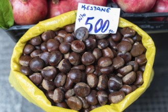 A sack of chestnuts known as Kestane in Turkish for sale in a popular shopping bazaar in Istanbul,
