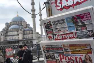 Istanbul, Turkey. January 8th 2025. Turkish daily newspapers displayed on a stand near the Yeni