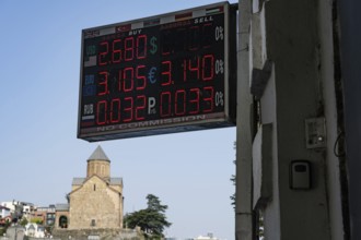 Tbilisi, Georgia. July 29th 2025. A currency exchange rate display board outside an exchange bureau