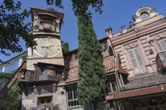 Tbilisi, Georgia. August 5th 2025. The ornate clock tower of the Gabriadze Marionette Theater,