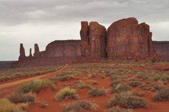 Majestic sandstone cliffs rise in a vast desert landscape under cloudy skies after a heavy