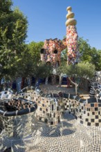 Colourful sculptures made of glass and mirrors, Giardino dei Tarocchi, Garden of Tarot, by Niki de