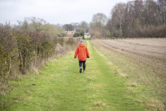 Person wearing bright orange coat walking along grassy path next to hedgerow and winter field,