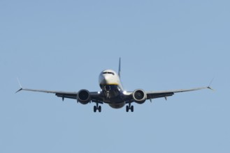 Boeing 737 commercial passenger airliner jet aircraft of Ryanair airways in flight on approach to