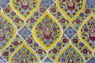 Coloured Bencharong ceramic tiles, depiction of Thai angels (devas) in diamond-shaped frames,