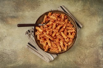 Fusilli pasta dish, made with tomato sauce, homemade, no people