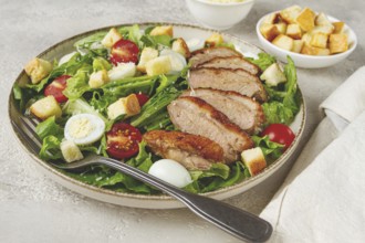 Caesar salad, with duck breast, on a light plate, on a light background, homemade, no people