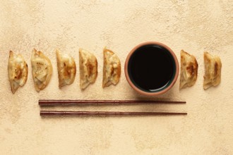 Japanese fried dumplings, gyoza, sesame seeds, top view, no people