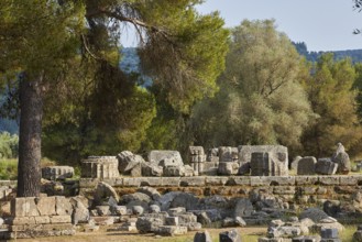 Hera Temple, Heraion, Ancient stone structures surrounded by trees in an idyllic landscape,