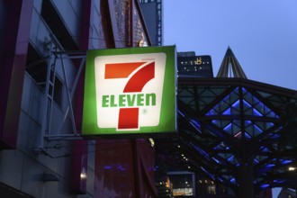 7 Eleven shop front sign and logo outside the popular convenience shop and supermarket in central