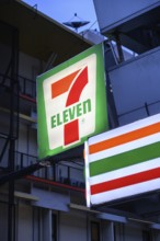 7 Eleven shop front sign and logo outside the popular convenience shop and supermarket in central