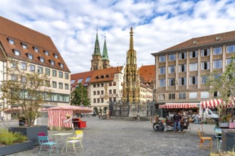 The Beautiful Fountain on the Main Market Square and the Towers of St. Sebaldus Church, Nuremberg,