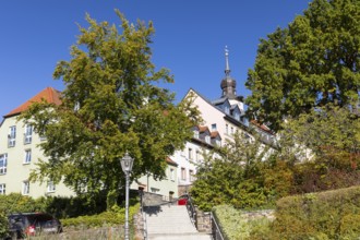 Houses on Altmarkt, St. Christophori church in the background, Hohenstein-Ernstthal, Saxony,
