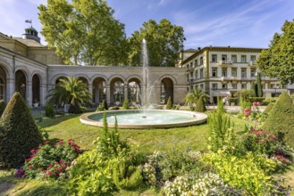 Fountain in the spa garden and arcade construction in the state spa Bad Kissingen, Lower Franconia,