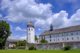 Kloster, Frauenwörth, with church tower, Campanile, Fraueninsel, Chiemsee, Chiemgau, Upper Bavaria,