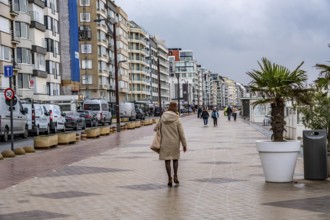 Zeedijk-Knokke, beach promenade in Knokke-Heist, on the North Sea beach, dreary winter day, mostly