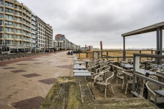 Winter break, closed terraces of catering establishments on Zeedijk-Knokke, beach promenade in