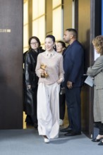 Michelle Yeoh with the Golden Bear arriving for the photocall at the Hyatt Hotel Berlin on 13.02