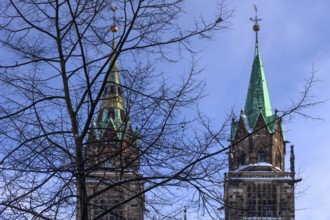 Towers of the Gothic Church of St. Lorenz, Nuremberg, Middle Franconia, Bavaria, Germany