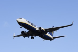 Boeing 737 commercial passenger airliner jet aircraft of Ryanair airways in flight on approach to
