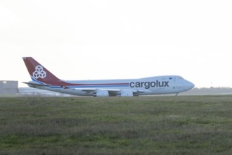 Boeing 747-400 jumbo jet LX-TCV commercial aircraft of Cargolux cargo waiting to take off at London