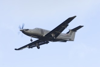 Pilatus PC-12 NG prop aircraft LX-FLG in flight on approach to land at London Stansted airport,