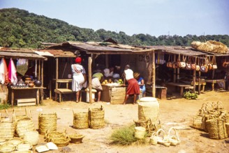 Woman at local market selling fruit and handicrafts including baskets, leather handbags and