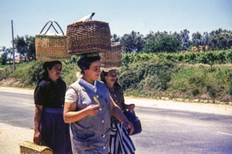 Three women walking on street in rural area carrying wicker baskets on their head, Portugal, Europe