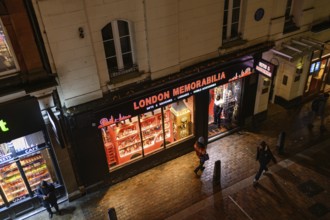 London, UK. January 31st 2025. London Memorabilia shop window at night selling tourist souvenirs