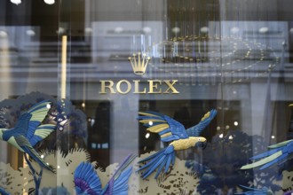 London, UK. January 29th 2025. Gold logo of Rolex luxury watches displayed in the stores Old Bond