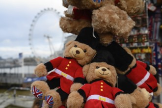 London, UK. January 31st 2025. Typical London themed children's toy bears for sale to tourists with