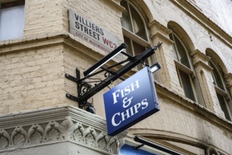 A traditional British fish and chip shop restaurant on the south bank of the River Thames, London