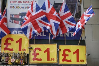 London, UK. January 30th 2025. Souvenir gifts and Union Jack flags for sale to tourists priced one