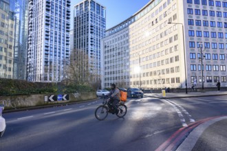 London, UK. January 31st 2025. A typical cycle food delivery guy riding his bike through the