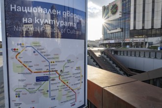 Sofia, Bulgaria. November 22nd 2025. Sofia city metro map displayed outside The National Palace of