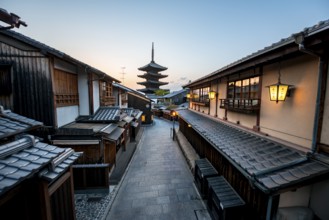Yasaka dori historic street in the old town with traditional Japanese houses, five-story Yasaka