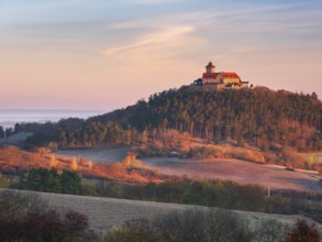 View of Wachsenburg Castle in the first morning light in autumn, Burgenensemble Drei Gleichen,