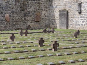 Arnsburg Abbey, courtyard with military cemetery, district of Lich, Hesse, Germany