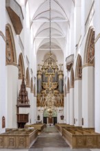 Interior of the Gothic St. Mary's Church with pulpit and organ, Hanseatic City of Stralsund,