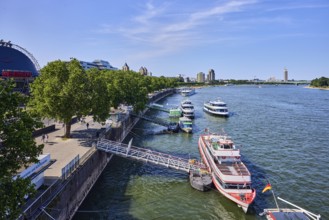 Rhine river, general architecture, Zoobrücke car bridge, footpath and cycle path, waterfront, boat