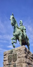 Emperor Frederick III, equestrian statue, sandstone pedestal, blue sky, cirrus clouds, Hohenzollern