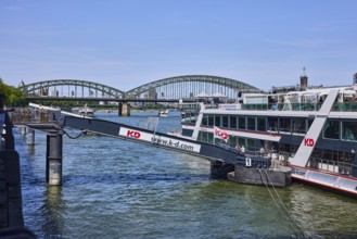 Rhine river, excursion boat, gangway, Cologne-Düsseldorfer Deutsche Rheinschiffahrt GmbH, bridge,