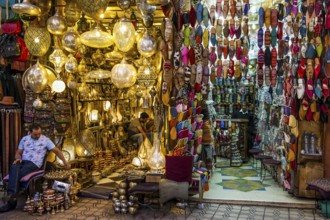 Shops selling lamps and slippers, Souk, Marrakech, Morocco