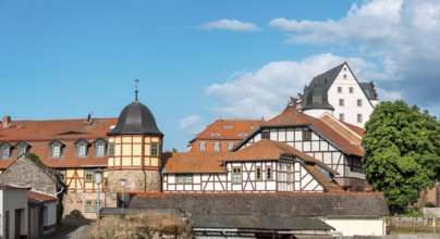 Large half-timbered buildings at Heringen Castle, Thuringia, Germany